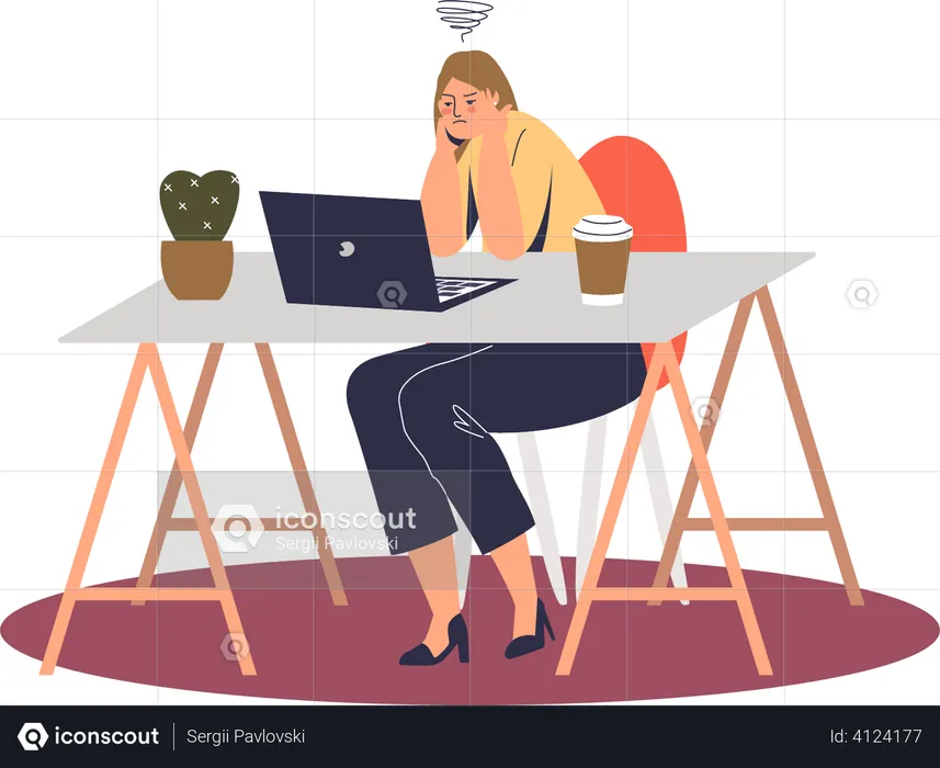 Stressed female worker thinking on problem solution on workplace  Illustration