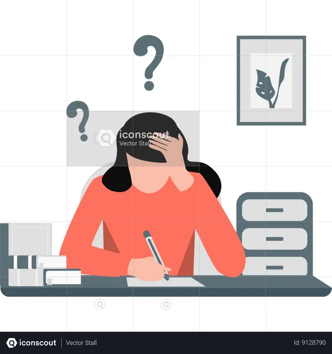Stressed girl trying to solve question  Illustration