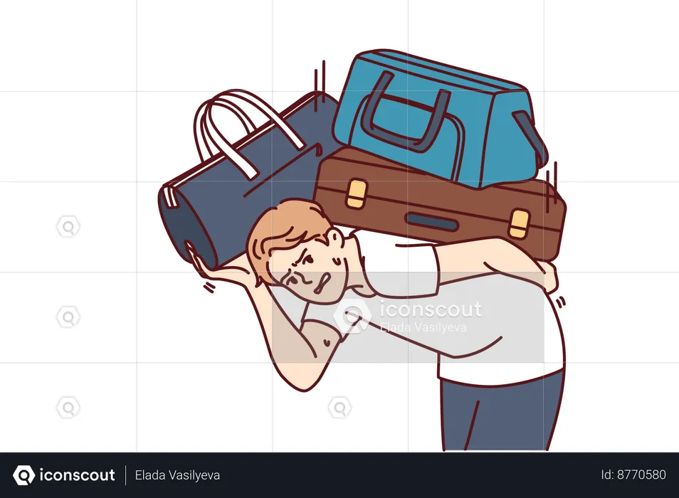 Stressed man is carrying burden of huge suitcases  Illustration