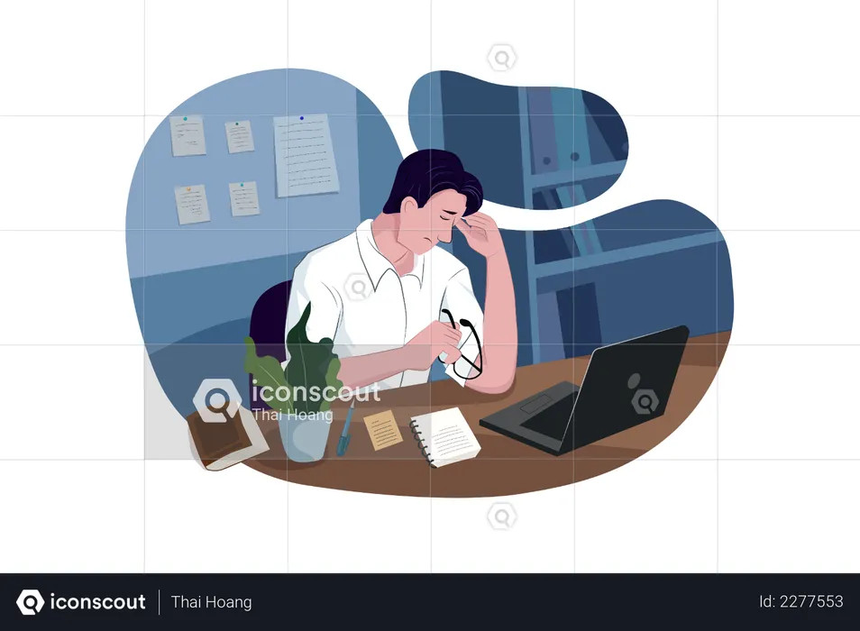 Stressed man with laptop in office  Illustration