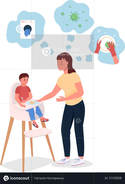 Stressed mother with baby in highchair  Illustration