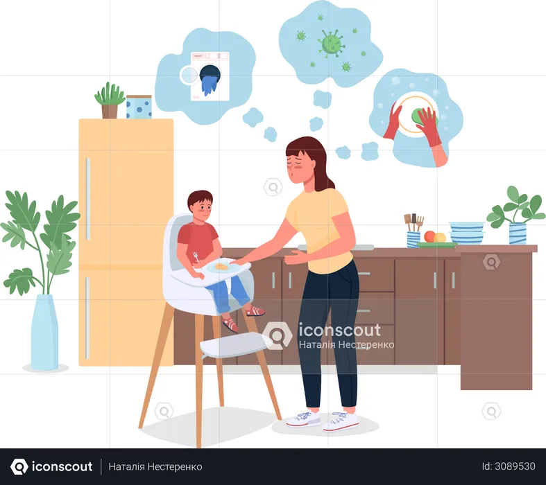 Stressed mother with baby in kitchen  Illustration