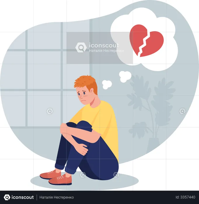 Stressed teen boy sit alone thinking of break up  Illustration