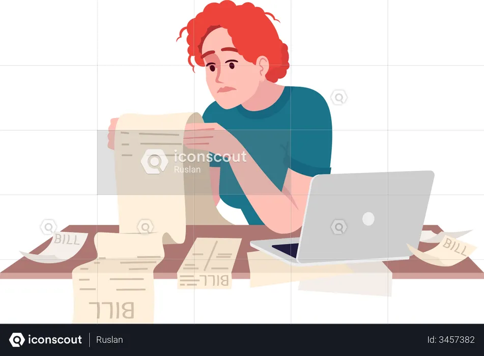 Stressed woman studying bill  Illustration