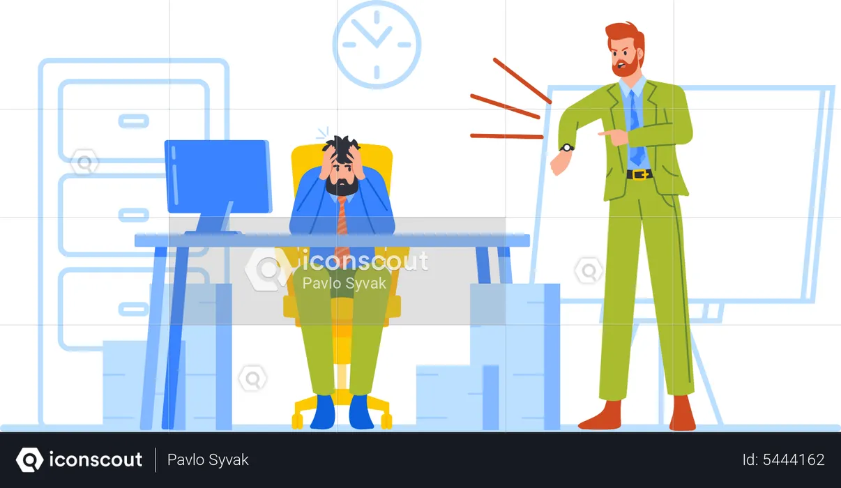 Stressed Worker Sitting at Office Desk Holding Head and Angry Boss Reminds of Time Loss  Illustration