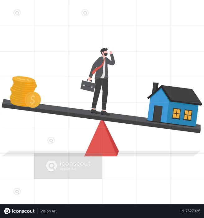 Stressful businessman standing on the unbalanced seesaw between income and housing expenses  Illustration