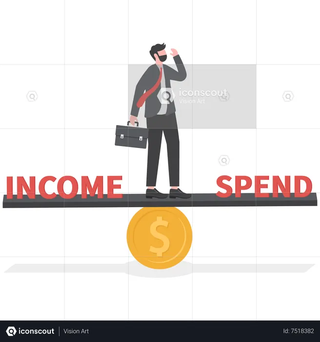 Stressful businessman standing on the unbalanced seesaw between income and spending  Illustration