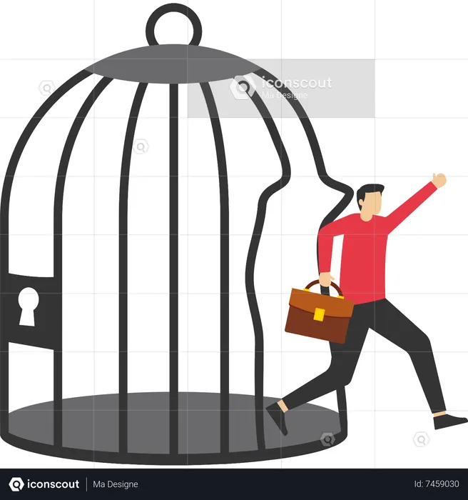 Strong ambitious entrepreneur bends bar and escapes from birdcage trap  Illustration