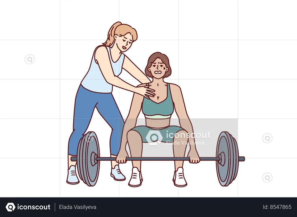 Strong athlete lifts heavy barbell under supervision of personal trainer from gym teaching ward  Illustration