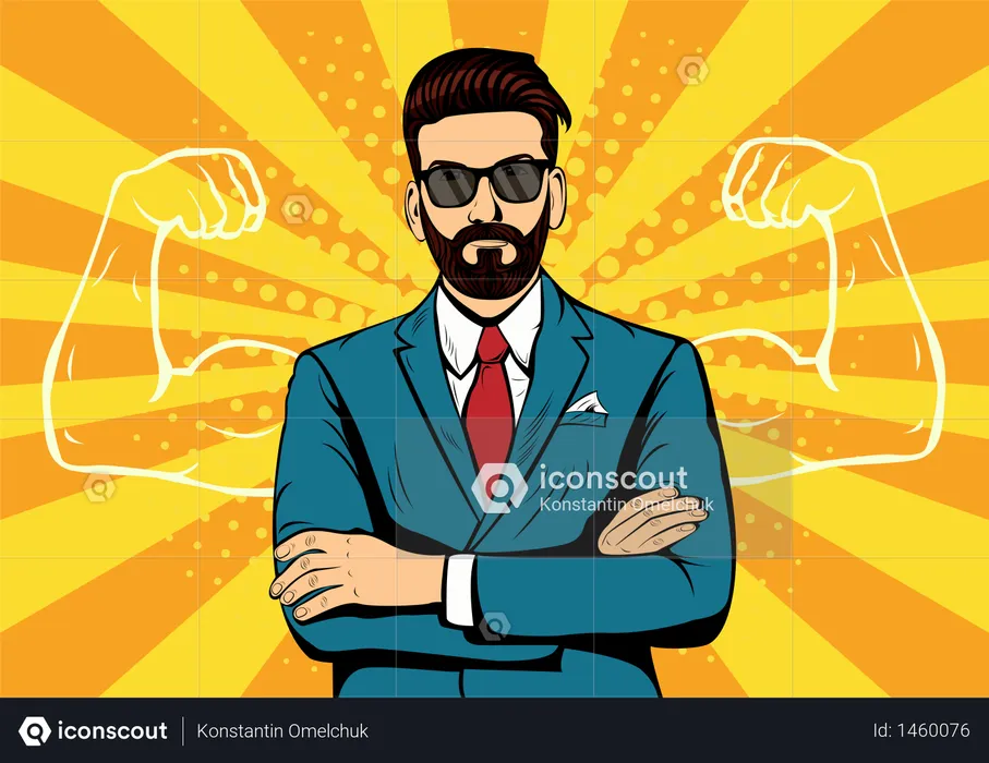 Strong Businessman in glasses in comic style. Success concept vector illustration  Illustration