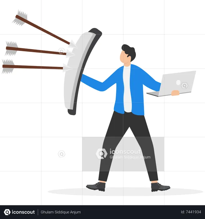 Strong businessman with armor shield to protect from bow arrows  Illustration