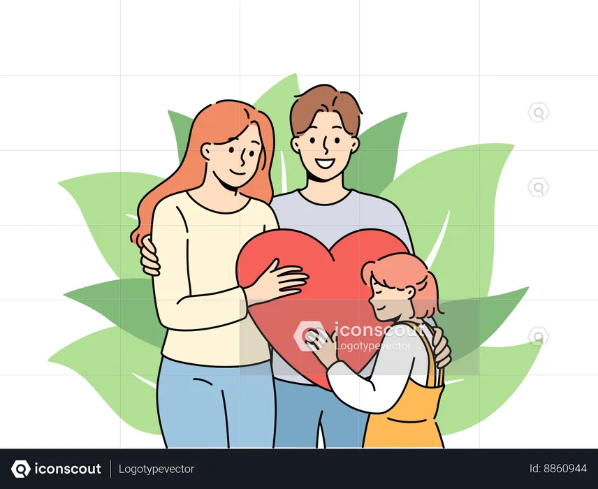 Strong family of loving parents and little pre-teen girl hug and hold big heart.  Illustration