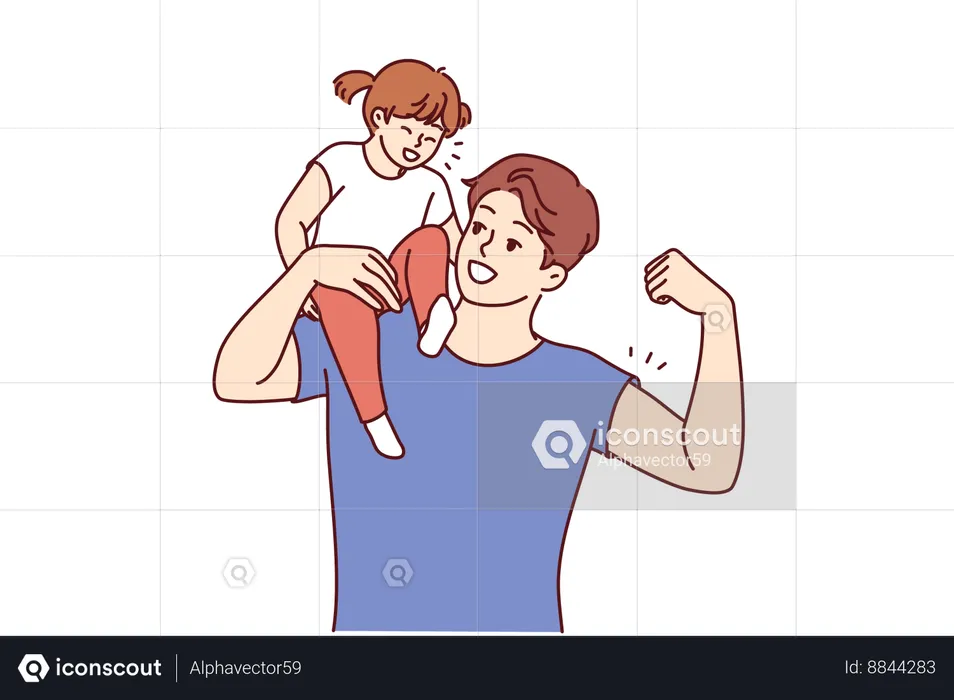 Strong father holds daughter on shoulder  Illustration