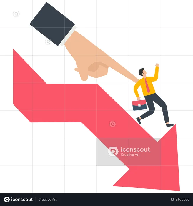 Strong hand violently pushes the little businessman down the arrow  Illustration