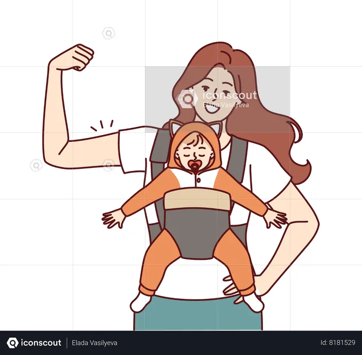 Strong mother with newborn in baby carrier shows biceps demonstrating confidence in future of child  Illustration