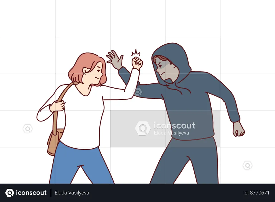 Strong woman fights back with thief  Illustration