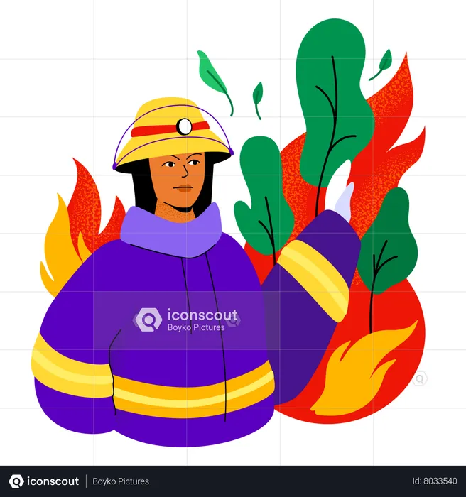 Strong woman firefighter trying to save the forest from burning flames  Illustration