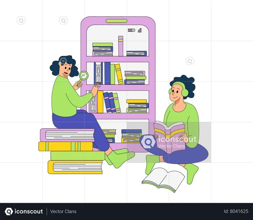 Student arranging books and reading books  Illustration