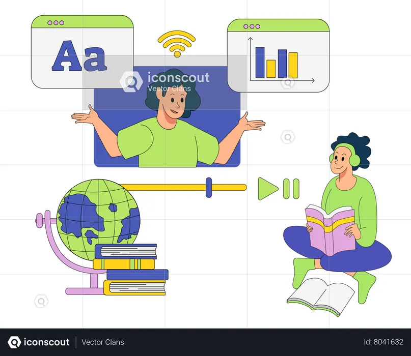 Student attending online maths class using headphones  Illustration