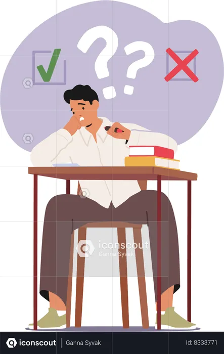 Student Boy Character Sits Nervously At A Desk  Illustration