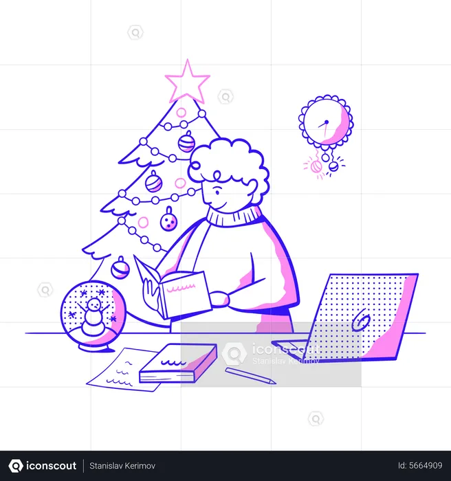 Student Does An Assignment At Christmas  Illustration