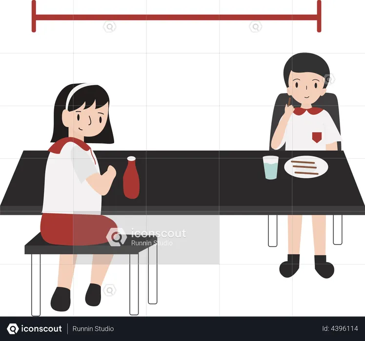 Student Eating With Social Distancing at Canteen  Illustration
