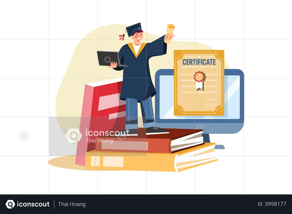 Student getting online degree certificate  Illustration