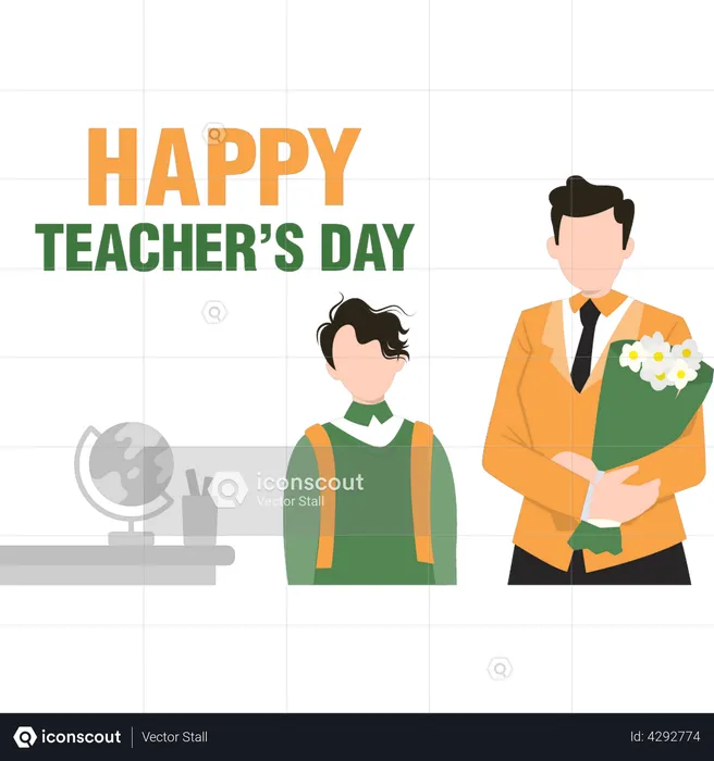 Student give flowers to teachers on teachers day  Illustration