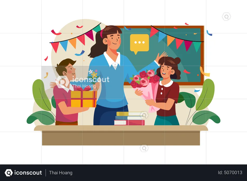 Student giving gift and flower bouquet to teacher on Teacher's Day  Illustration