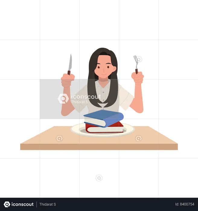 Student in Uniform with Cutlery and Knowledge Book  Illustration