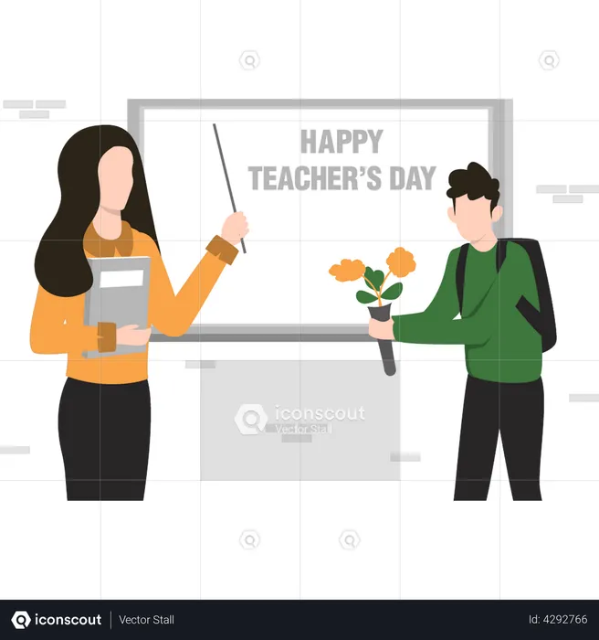 Student is giving flowers to teacher on teachers day  Illustration