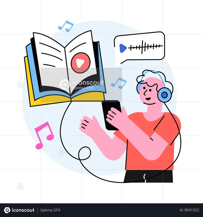 Student is learning and playing songs on headphones  Illustration
