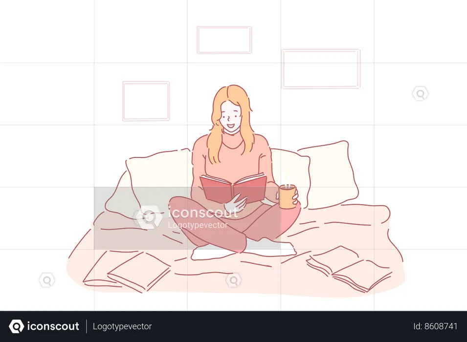 Student is reading while relaxing on bed  Illustration