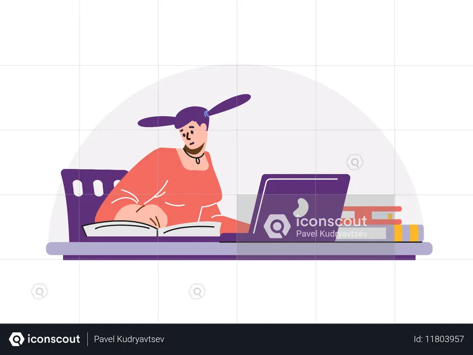 Student lernt mit Büchern und Laptop  Illustration