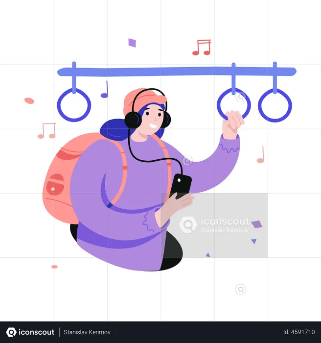 Student listening to music on the subway  Illustration
