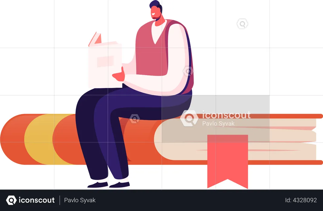 Student Male with Textbook Sit on Top of Books Pile  Illustration