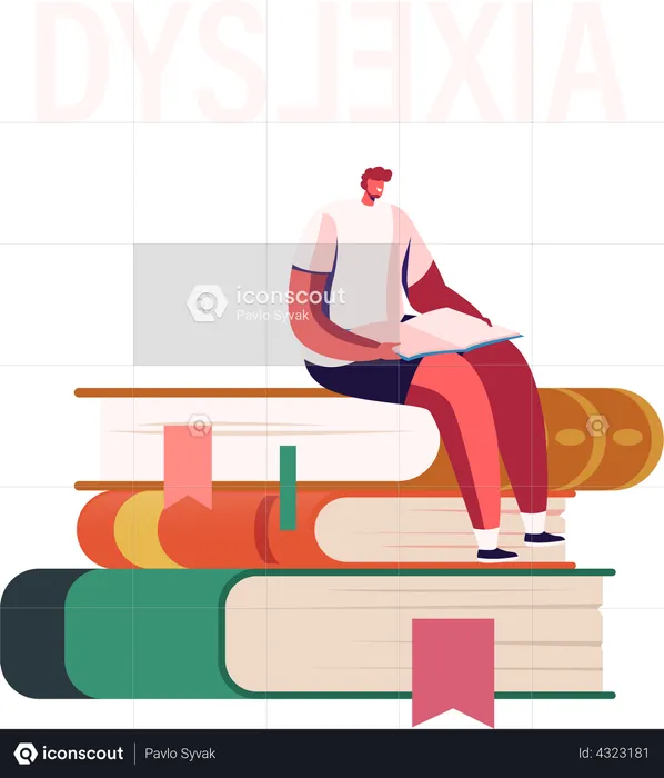 Student Male with Textbook Sit on Top of Huge Books Pile  Illustration