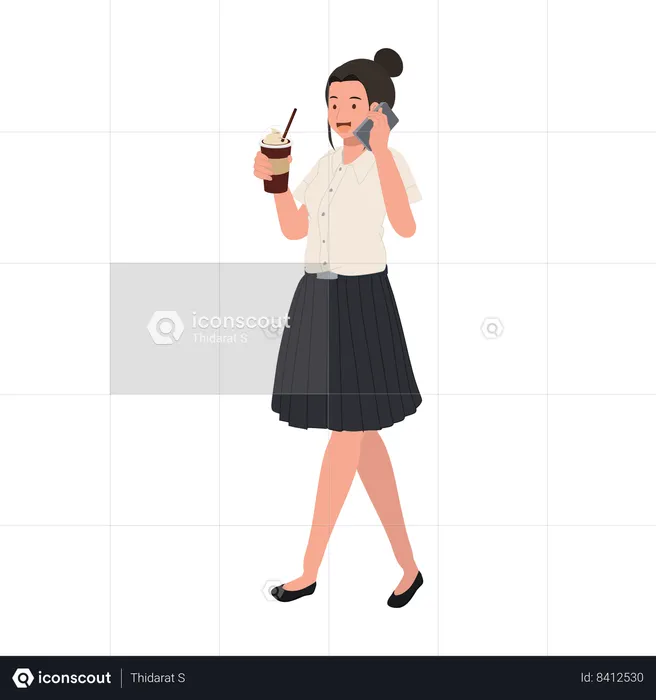 Student Multitasking with Iced Coffee and Smartphone on Campus  Illustration