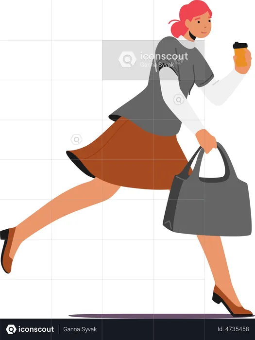 Student, Office Worker, Businesswoman Character Hurry. Running Girl with Disposable Coffee Cup in Hand Late at Work  Illustration