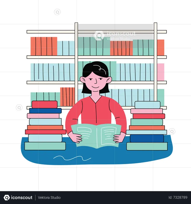 Student reading in the university library  Illustration