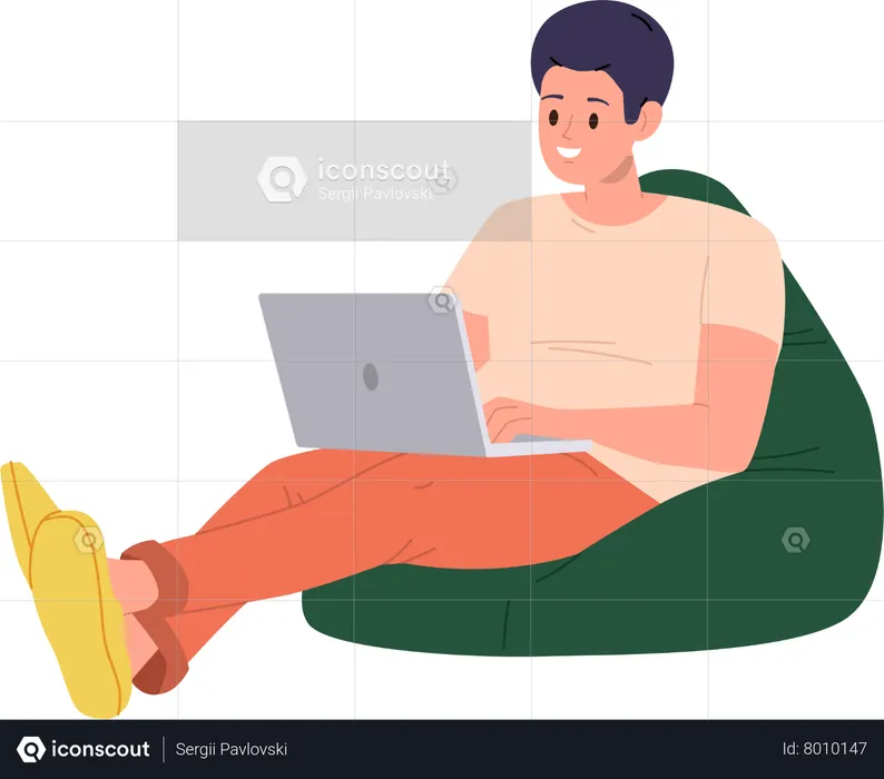 Young man freelancer sitting on soft bean bag with laptop computer  Illustration