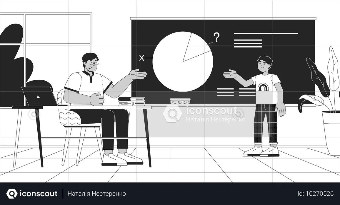 Student solving math problem with teacher at blackboard  Illustration