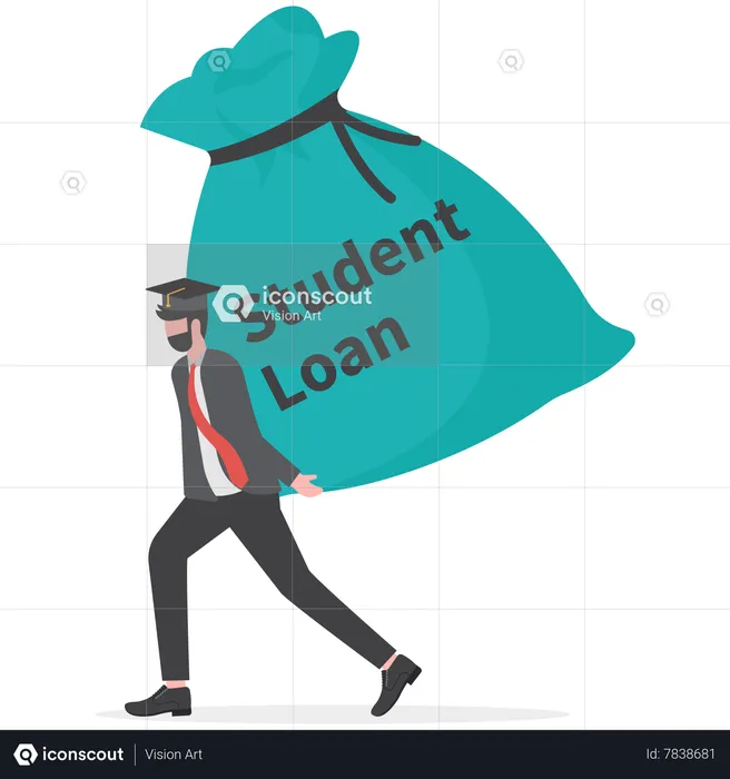 Student wearing graduation ceremony suit holding heavy expensive student loan money bag  Illustration