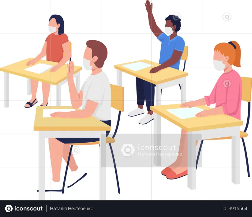 Student Wearing Mask Sitting on Study Table in Classroom  Illustration