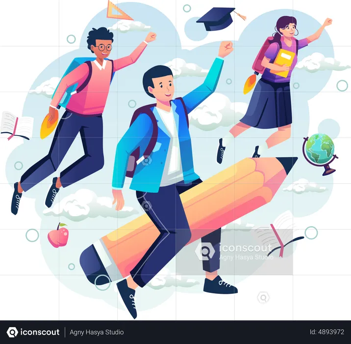 Student with a backpack riding on a pencil  Illustration