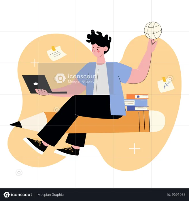 Student with Laptop and Globe while Sitting on Pencil with Books  Illustration