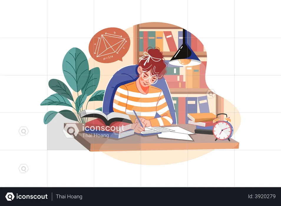 Student writes homework at the desk  Illustration
