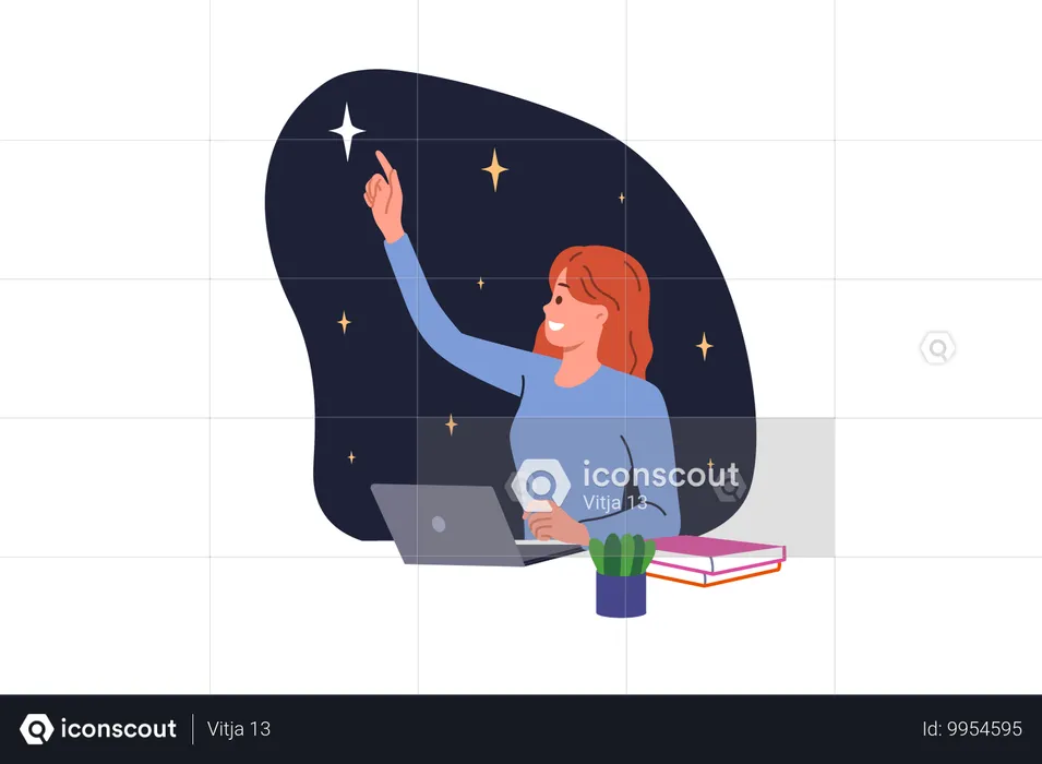 Studentin studiert Astronomie und stellt sich Sternenhimmel vor und sitzt mit Laptop am Tisch  Illustration