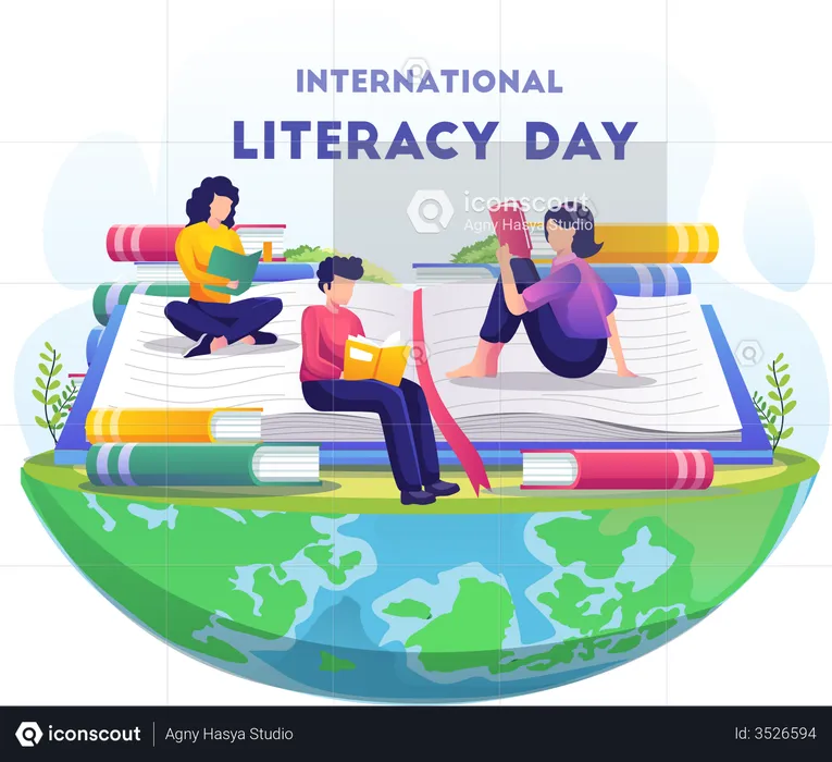 Students celebrating international literacy day by reading book  Illustration