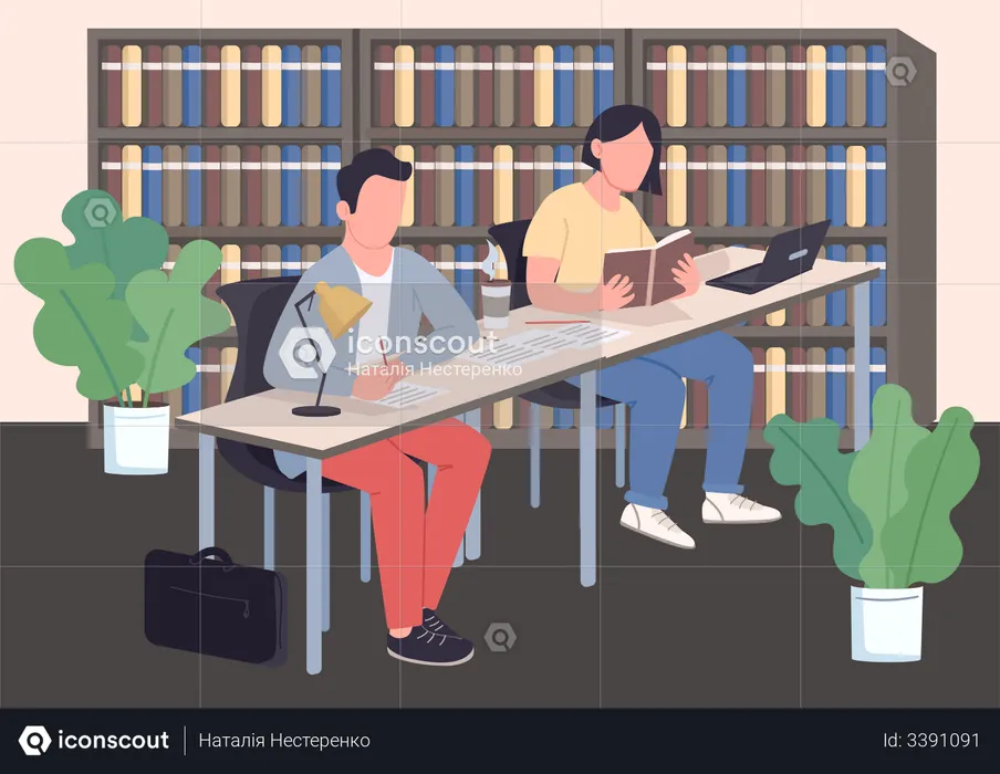 Students doing exam preparation in library  Illustration